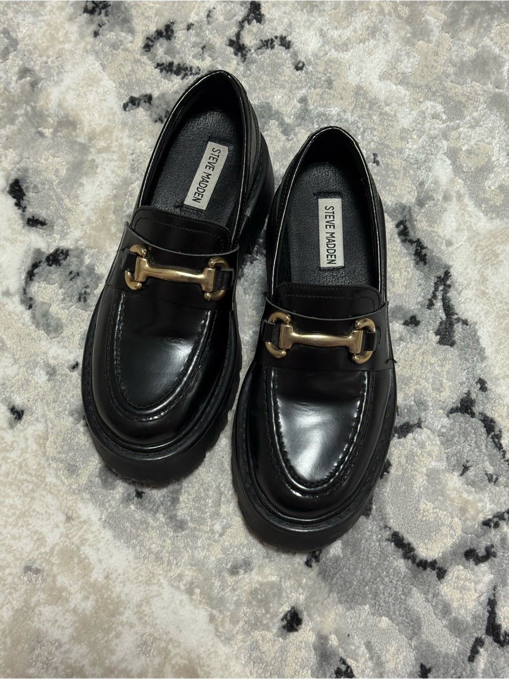 Steve Madden Black Leather Loafers with Gold Buckle